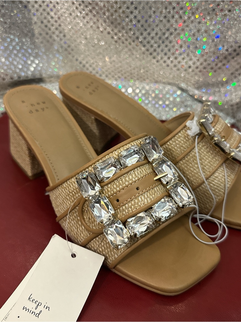 a new day Tan Raffia Block Heel Mules with Crystal Buckle